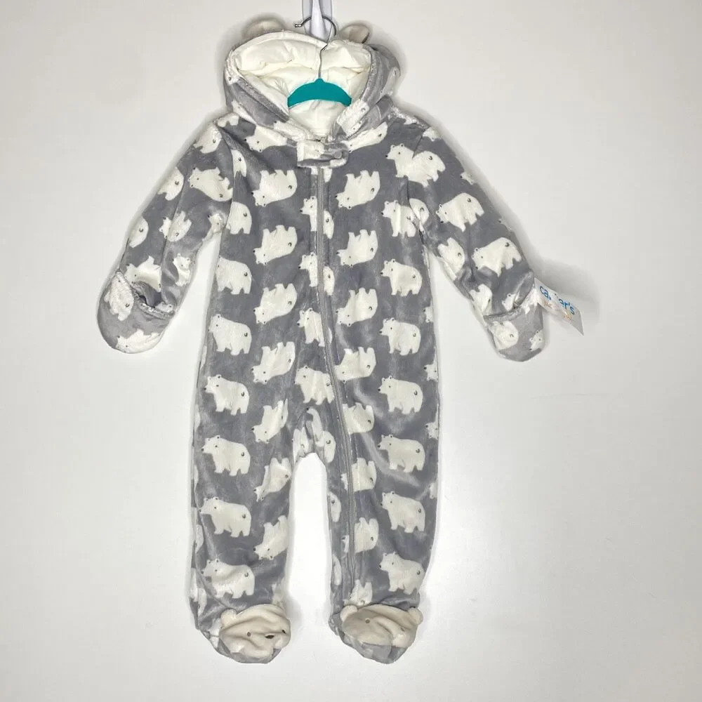 New Carter's Polar Bear Hooded Gray Winter One Piece Suit Baby Size 9 Months